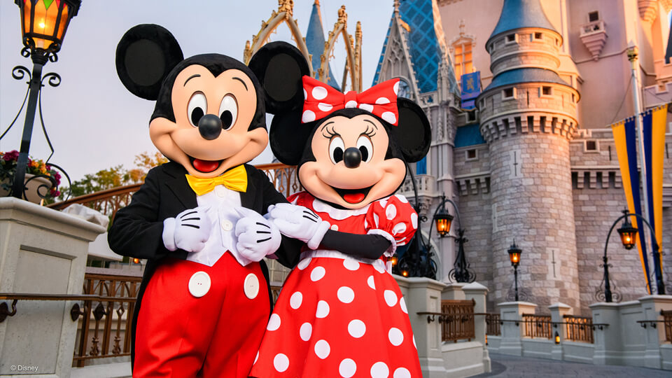 Mickey and Minnie Mouse in front of Cinderella Castle